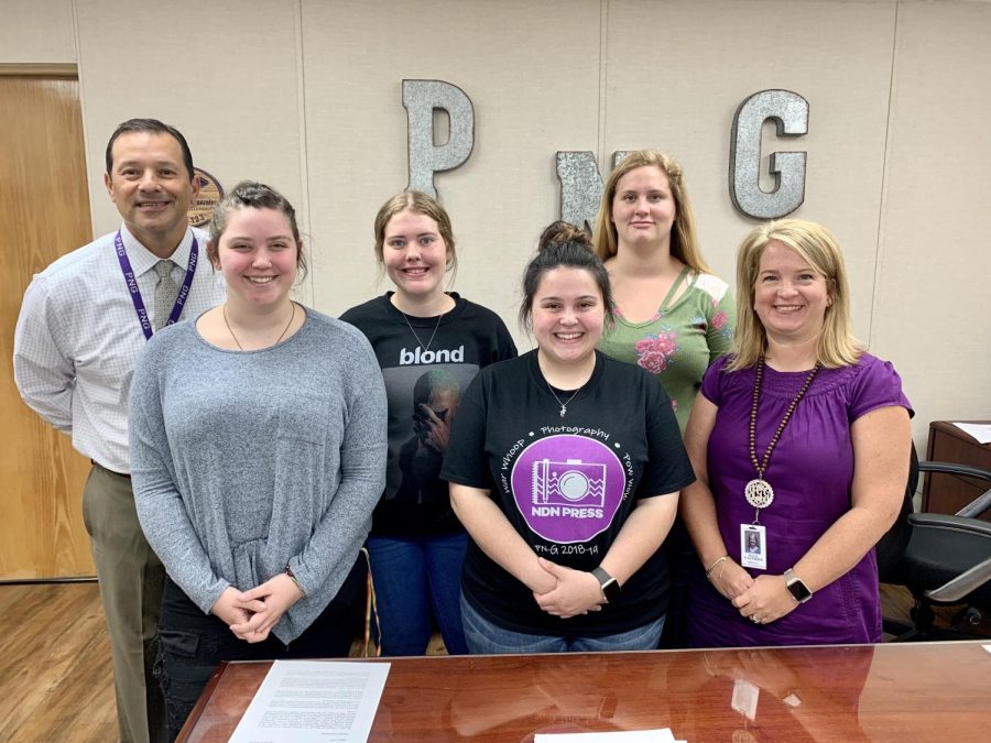 From left, PN-G Superintendent Dr. Mike Gonzales, seniors Brittany Batson, Trinity Chance, and Payton Lee, junior Halee Rhoades and Assistant Superintendent Julie Gauthier.