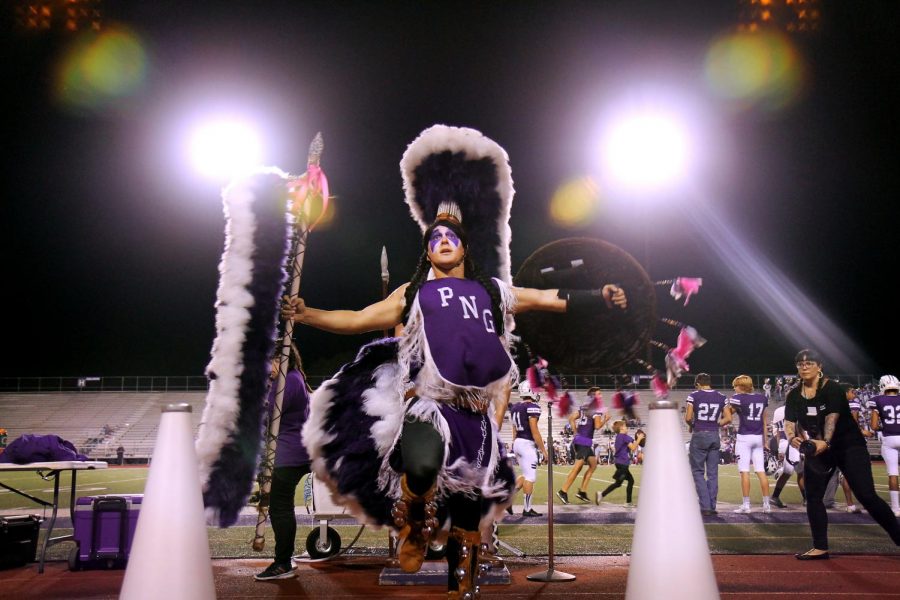 Indian Spirit Jacob Smith, senior, dances to Cherokee as halftime ends during the homecoming game with Baytown Lee on Friday, Sept. 27, 2019 at Indian Stadium.