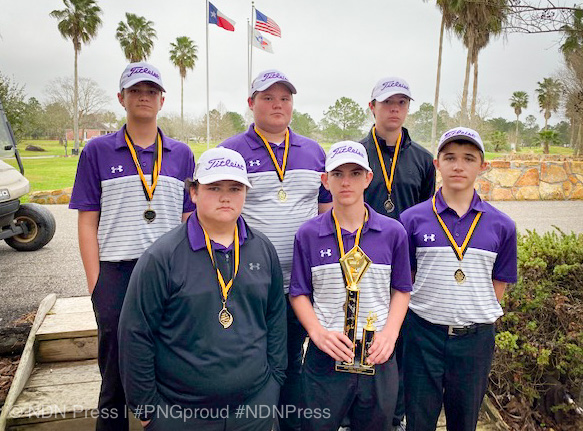 The JV boys golf team hold their trophy following their win in the Vidor JV Invitational.