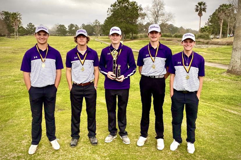 The varsity team of Tim Feemster (77), Braden Broussard (79), Jake Gauthier (82), Jason Adams (81) and Dalton Shield (78) took first place with a card of 315 Tuesday during the Vidor Invitational at The Country Club of Texas (Brentwood) in Beaumont.