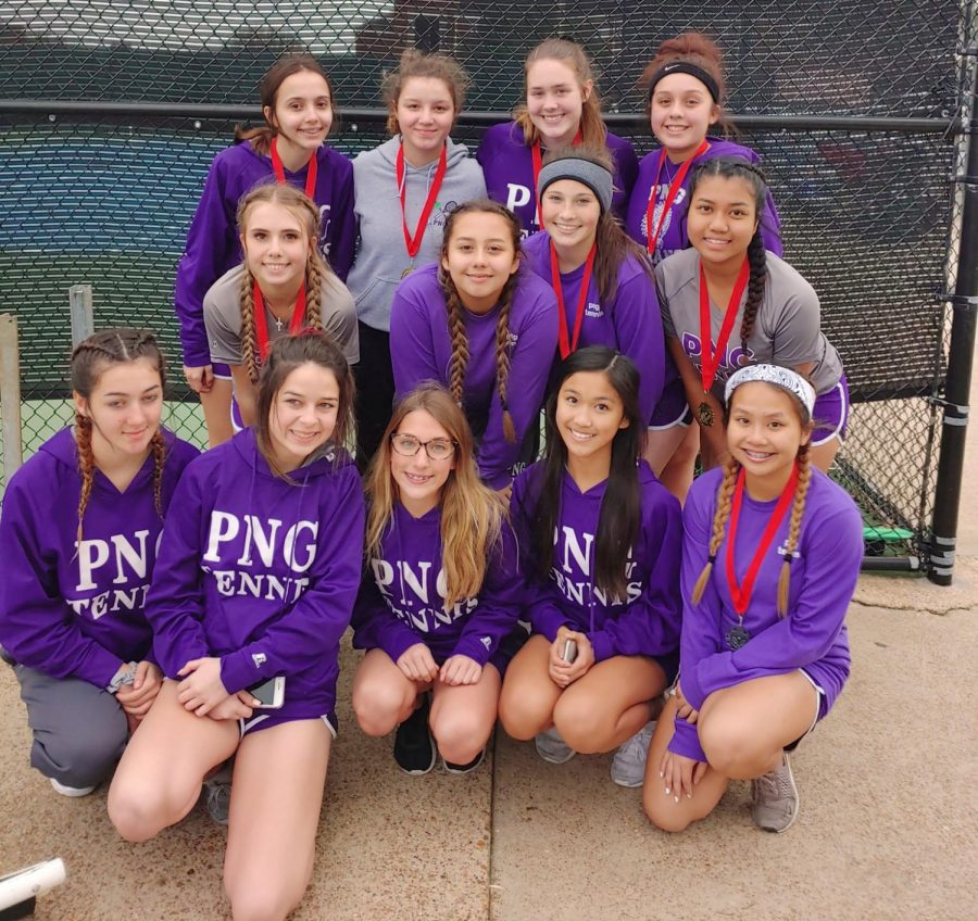 "What a great day with F/J.V tennis Congrats to Krista Holbrook for 1st and Ashley Ipina for 2nd place in the singles for J.V.  Bianca McManus and Allena Nguyen for 1st and Goretti Tran and Kaytlynn Schexnider for 2nd place in doubles.
##PNGTENNIS #PNGProud"