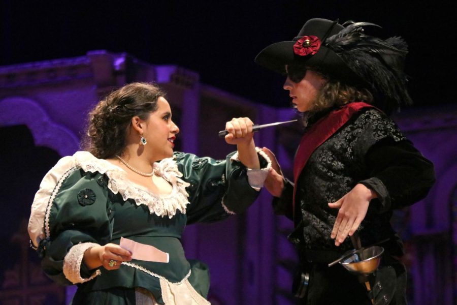 Indians Players Daisy Obregon, left, and Wyatt Hester as Malady and Rochefort during the opening night of Three Musketeers on Thursday, Sept. 26 in the auditorium. 