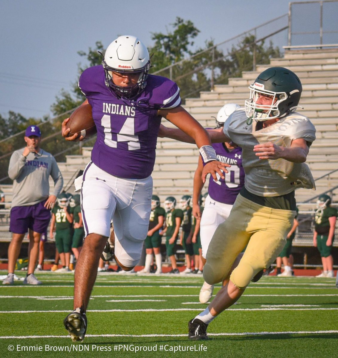 The varsity, JV and freshman football teams hosted a scrimmage with the LCM Battlin' Bears teams at Indian Stadium on Thursday, Aug. 22. The freshman and JV teams split the field for plays first before the varsity matchup. (NDN PRESS)