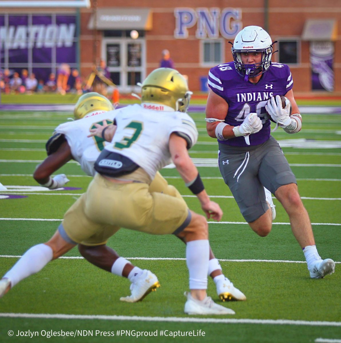 The varsity, JV and freshman football teams hosted a scrimmage with the LCM Battlin' Bears teams at Indian Stadium on Thursday, Aug. 22. The freshman and JV teams split the field for plays first before the varsity matchup. (NDN PRESS)