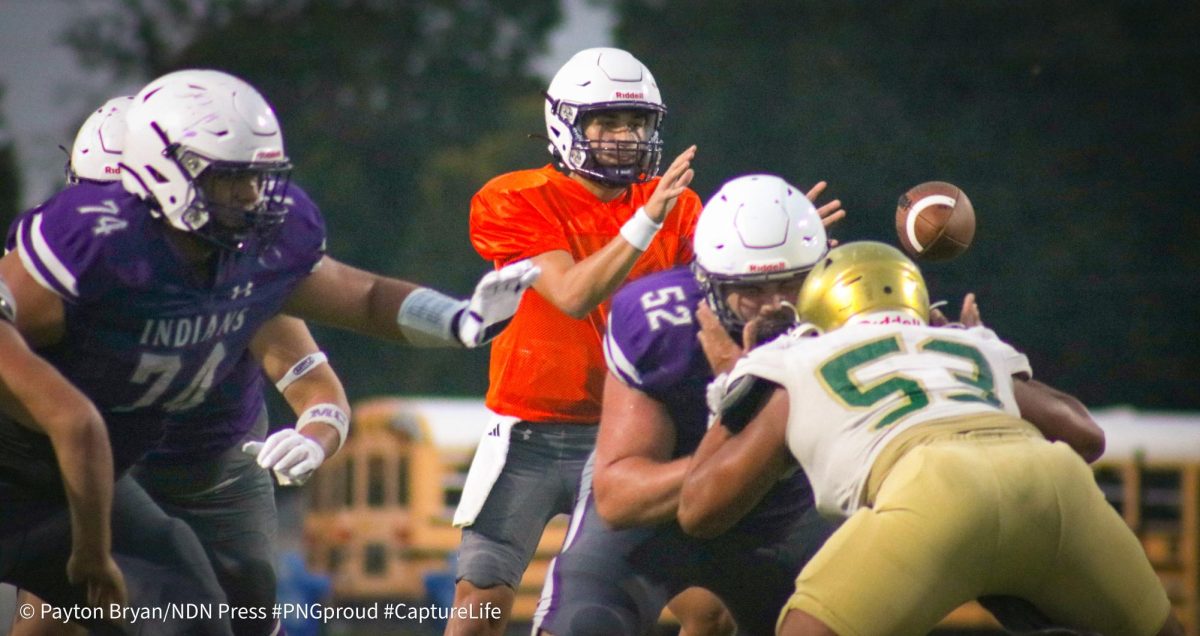 The varsity, JV and freshman football teams hosted a scrimmage with the LCM Battlin' Bears teams at Indian Stadium on Thursday, Aug. 22. The freshman and JV teams split the field for plays first before the varsity matchup. (NDN PRESS)