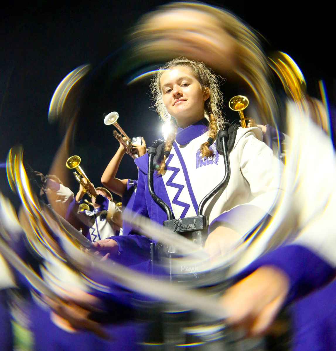 A portrait by NDN Press photographer Jozlyn Oglesbee (‘25). Jozlyn utilized a Canon 24-105mm EF lens to achieve this composition, and accentuated her subject, freshman drummer Maggie Stutz, with a with a 77mm Spiral Halo filter. (Jozlyn Oglesbee/NDN Press)