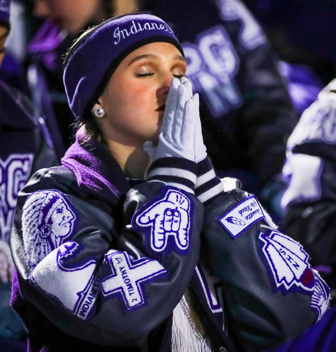 After holding South Oak Cliff to 14 points through three quarters of play, Indianette Callie Wright ('26) cloes her eyes as the defense allows a touchdown to begin the fourth quarter of the Class 5A-II state quarterfinal in College Station on Friday, Dec. 5, 2025. The Indians eventually fell, 28-0, ending its season. (Ella Owens/NDN Press)