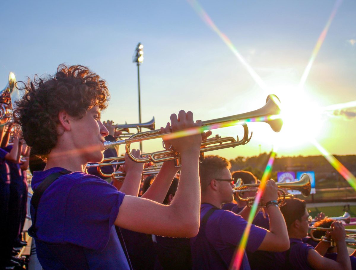 As the football game  gets underway, Purple Pride brass member Jon Brawner ('28) blares out "Cherokee," the team's fight song, after a first quarter score against Lake Creek on Friday, Sept. 26, 2025 at Montgomery ISD Stadium. The Indians went on to win, 45-21. (Ella Owens/NDN Press)